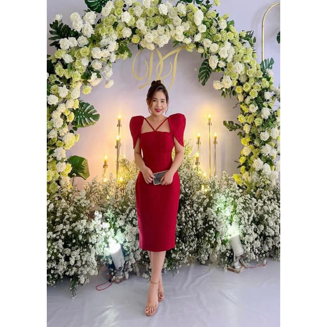 Đầm thiết kế cao cấp Rina Dress, Váy body cổ vuông tay phồng siêu tôn dáng