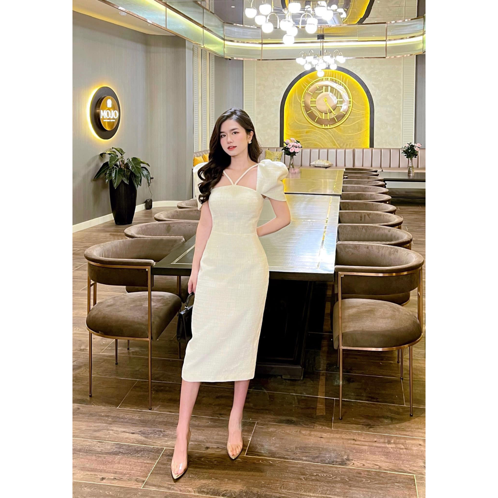 Đầm thiết kế cao cấp Rina Dress, Váy body cổ vuông tay phồng siêu tôn dáng