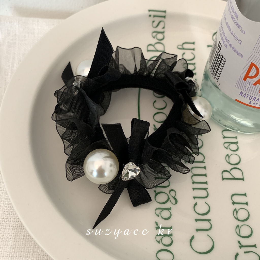 Srunchies cột tóc nhúng vải satin có nơ đính kèm 3 hạt châu lớn phong cách trẻ trung sang trọng S54