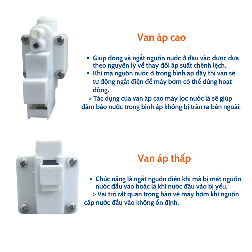 Van Áp Cao, Van Áp Thấp, Van Điện Từ, Van Thải Flow 300 Dây Nối Nhanh Phi 6 Cho Máy Lọc Nước RO