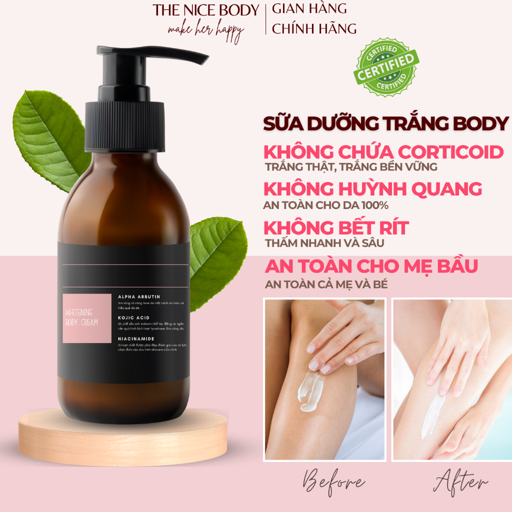 Kem Body Dưỡng Trắng Da CHUẨN KHOA HỌC Dạng Lotion, Trắng An Toàn, Bền Vững Chứa Alpha Arbutin, Kojic Acid, Niacinamine