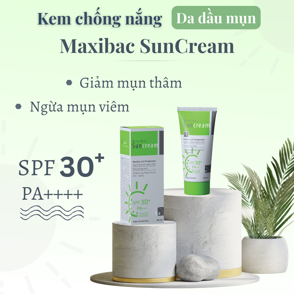 Kem Chống Nắng Maxibac SPF 50+, SPF 30+ cho mọi loại da Maxibac Suncream cam, da dầu mụn xanh lá tuýp 40ml