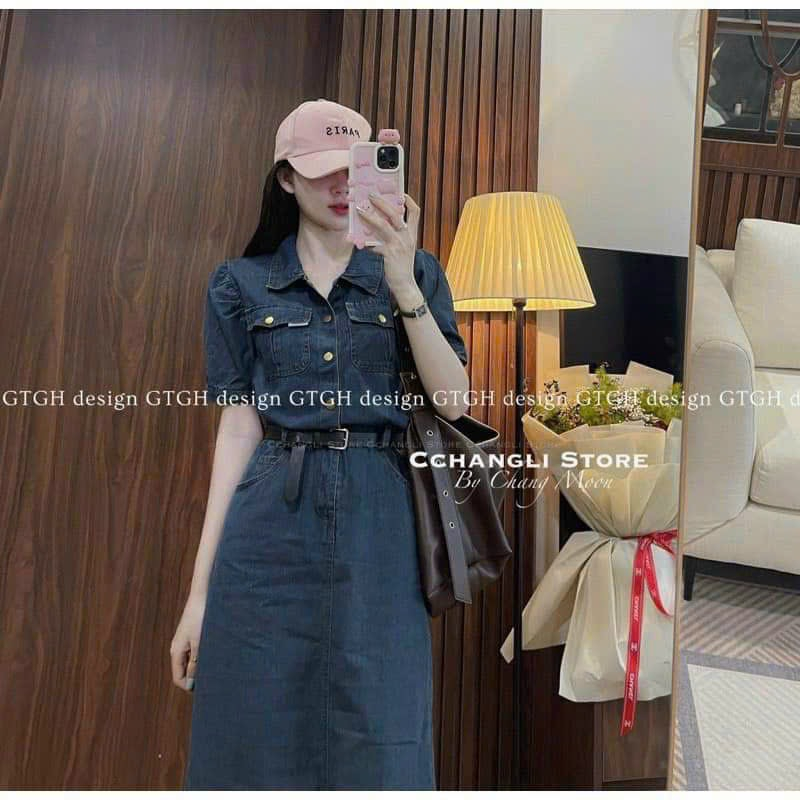 Đầm váy thời trang nữ.đầm sơ mi gài nút dáng dài kèm nịt chất denim.jean cứng có túi thanh lịch sang trọng 2 màu