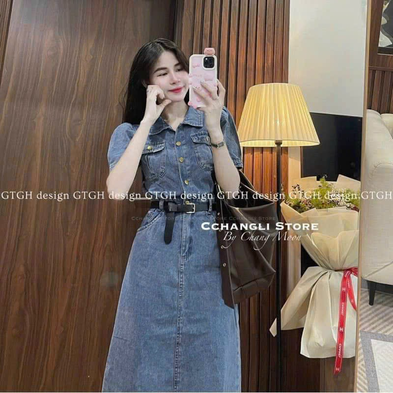 Đầm váy thời trang nữ.đầm sơ mi gài nút dáng dài kèm nịt chất denim.jean cứng có túi thanh lịch sang trọng 2 màu