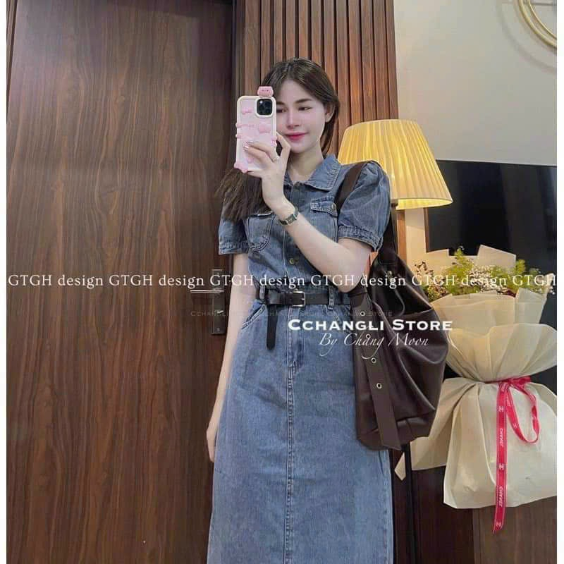 Đầm váy thời trang nữ.đầm sơ mi gài nút dáng dài kèm nịt chất denim.jean cứng có túi thanh lịch sang trọng 2 màu