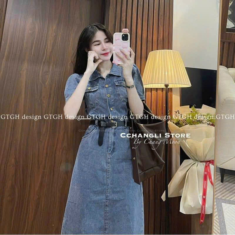 Đầm váy thời trang nữ.đầm sơ mi gài nút dáng dài kèm nịt chất denim.jean cứng có túi thanh lịch sang trọng 2 màu
