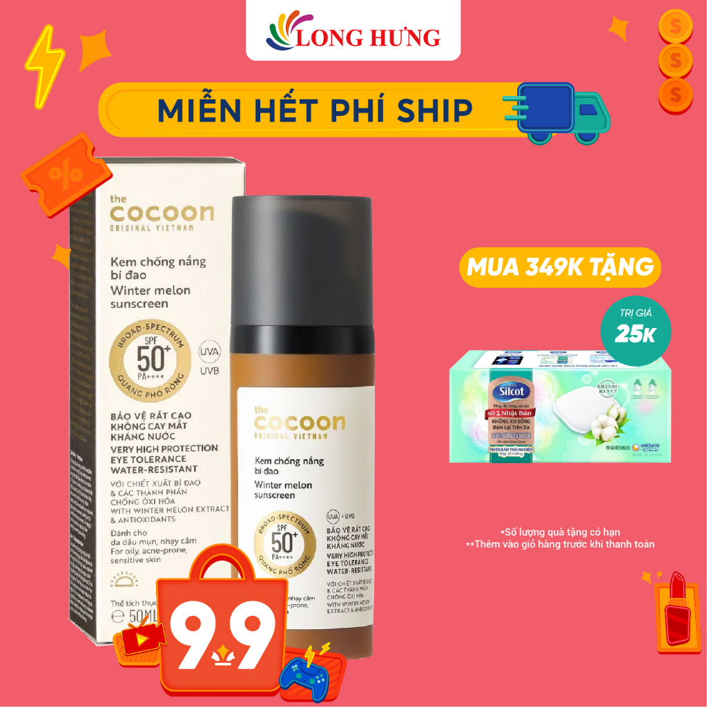 Kem chống nắng bí đao Cocoon Winter Melon Sunscreen SPF 50+ PA++++ giúp bảo vệ da (50ml)