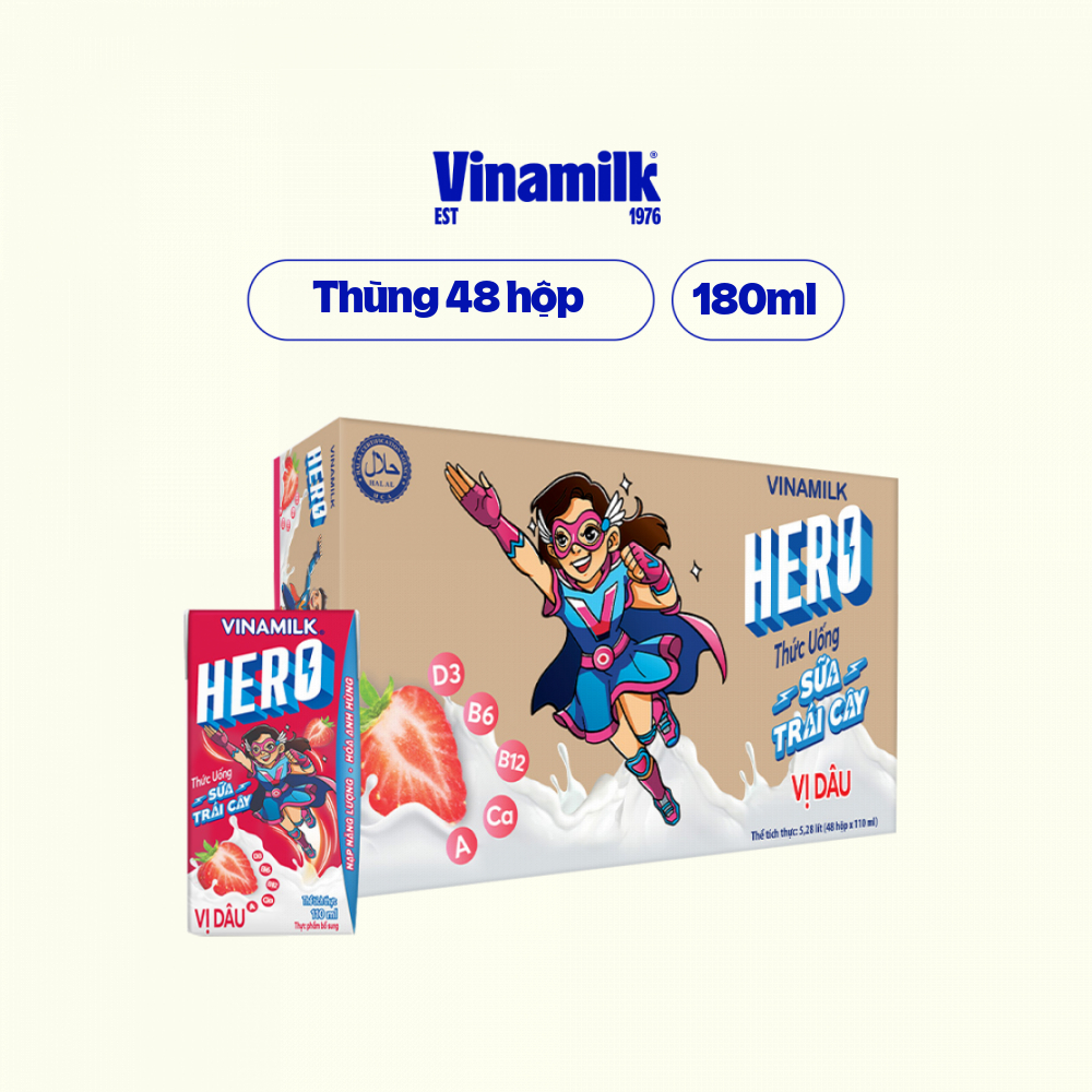 Thùng Thức uống sữa trái cây vị dâu Vinamilk Hero 180ml - 48 hộp/Thùng