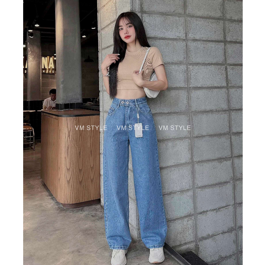 [Mã FATREND2810 giảm đến 30k tối đa 99k] Quần jean nữ VMSTYLE ống rộng cạp cao phối 2 nút trơn lai thường N99 - QJR00005