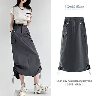 Chân váy Kaki denim phối dây Midi Kyubi dài Xẻ tà Lưng cao dáng chữ A [Nhiều Mẫu] - Váy Bò dài Cạp cao Ulzzang Kyubi CVJ