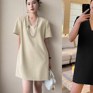 Đầm suông cổ vuông 2 màu đen be V2851 Aholic