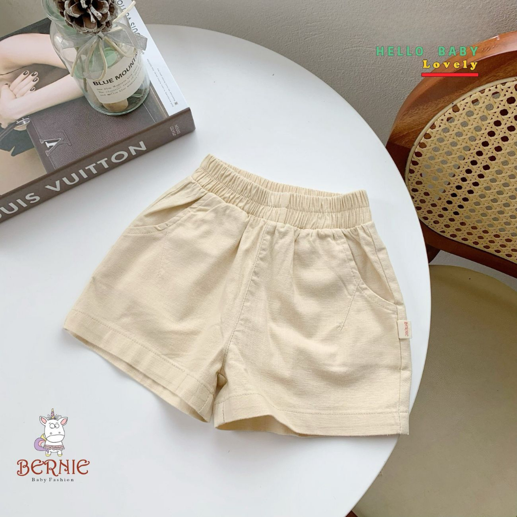 Quần sooc đùi linen kaki mềm bé trai bé gái unisex có túi màu đen xanh cam be BERNIE cho bé 7-28kg