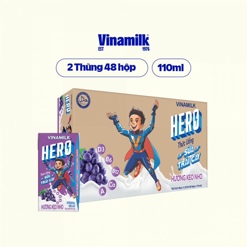 2 Thùng Thức uống Sữa trái cây Hero Vị Keo Nho 110ml - 48 hộp/Thùng