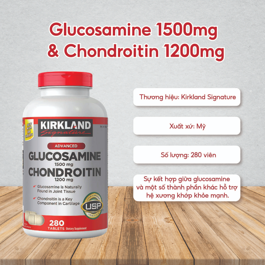Bổ khớp Glucosamine 1500mg with Chondroitin 1200mg 280 viên Kirkland Signature hỗ trợ các vấn đề về xương, khớp, cơ