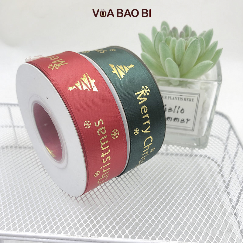 Cuộn ruy băng giáng sinh Merry Christmas bản 2.5cm dài 22m RB03 cuộn nơ trang trí Noel màu xanh/ đỏ