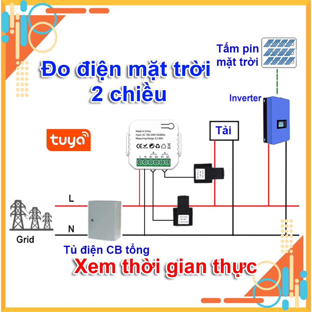 Đồng hồ đo năng lượng mặt trời 2 chiều Đo Năng lượng mặt trời sản xuất và tải tiêu thụ App Tuya xem thời gian thực CT mở
