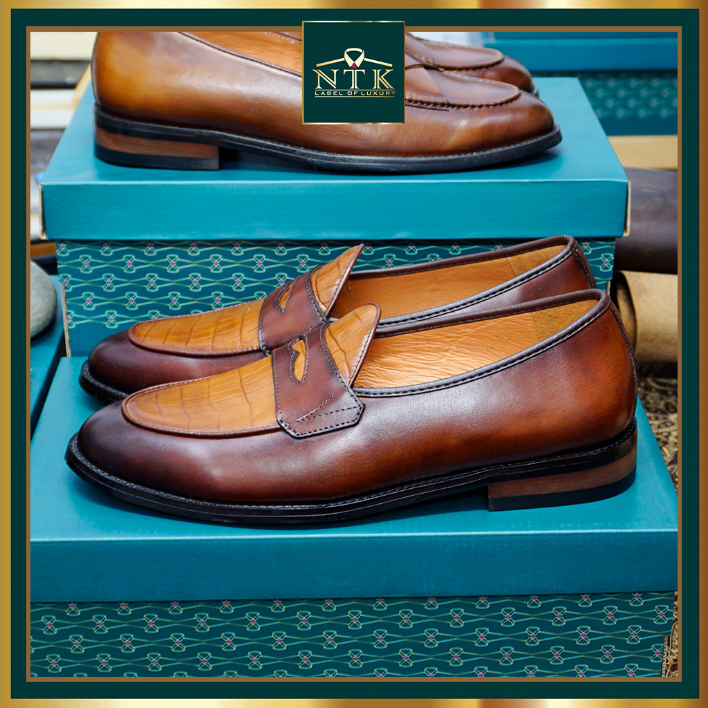 Giày lười đế GỐ PHÍP da thật, loafer nam màu nâu phối đồ công sở, bảo hành chính hãng 2 năm