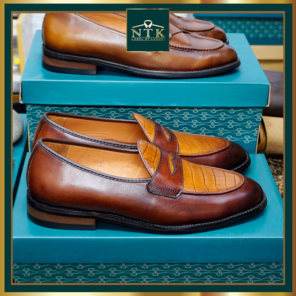 Giày lười đế GỐ PHÍP da thật, loafer nam màu nâu phối đồ công sở, bảo hành chính hãng 2 năm