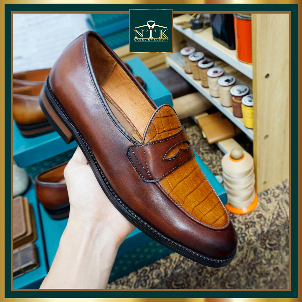 Giày lười đế GỐ PHÍP da thật, loafer nam màu nâu phối đồ công sở, bảo hành chính hãng 2 năm