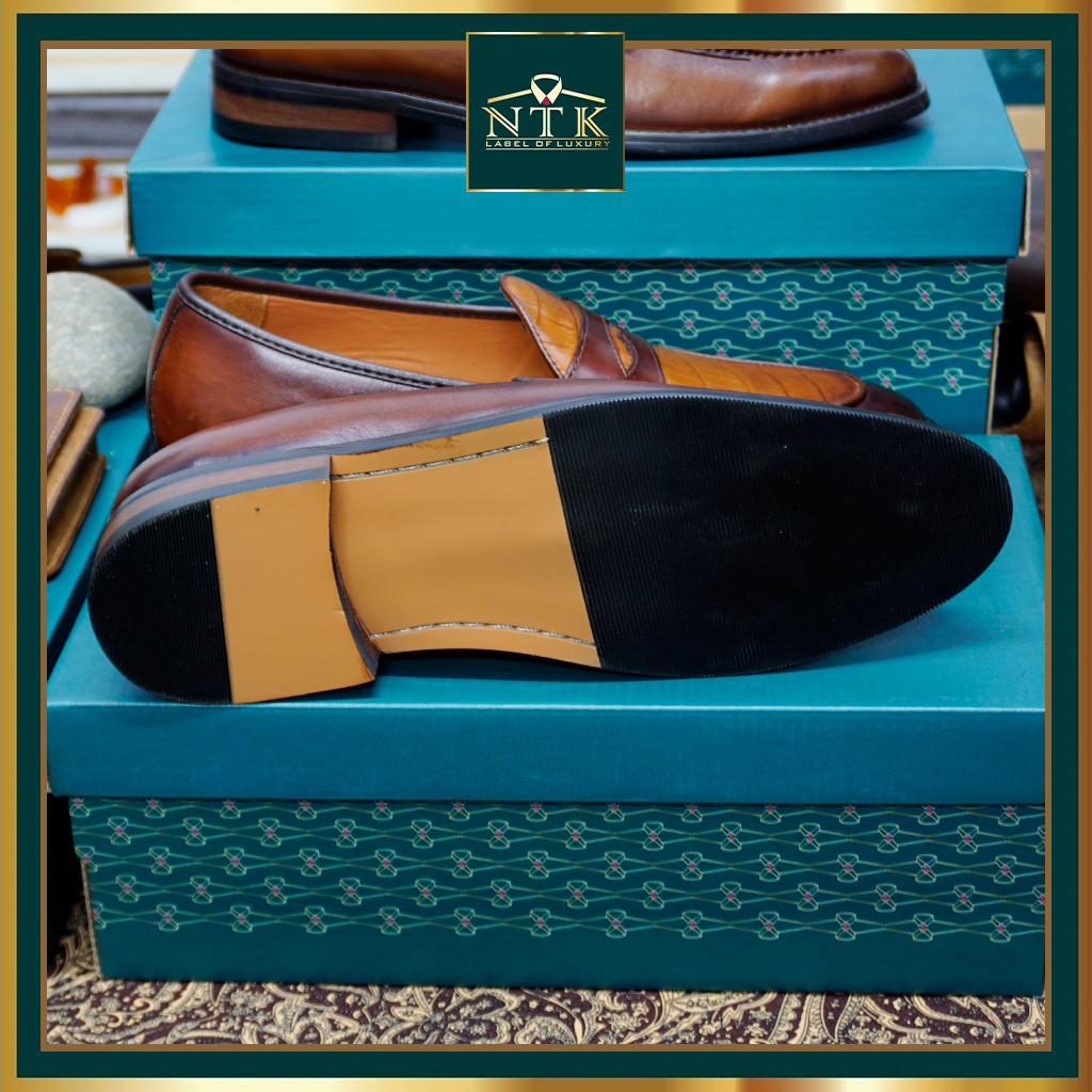 Giày lười đế GỐ PHÍP da thật, loafer nam màu nâu phối đồ công sở, bảo hành chính hãng 2 năm