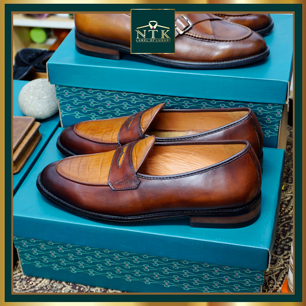 Giày lười đế GỐ PHÍP da thật, loafer nam màu nâu phối đồ công sở, bảo hành chính hãng 2 năm