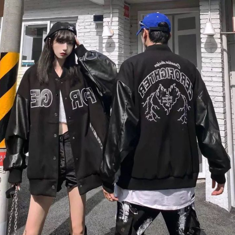 Áo khoác bomber tay da chữ FORGET from rộng unisex cho cả nam và nữ style ulzzang