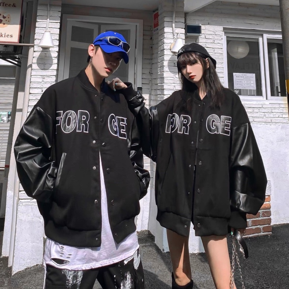 Áo khoác bomber tay da chữ FORGET from rộng unisex cho cả nam và nữ style ulzzang