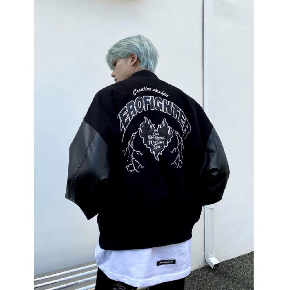 Áo khoác bomber tay da chữ FORGET from rộng unisex cho cả nam và nữ style ulzzang
