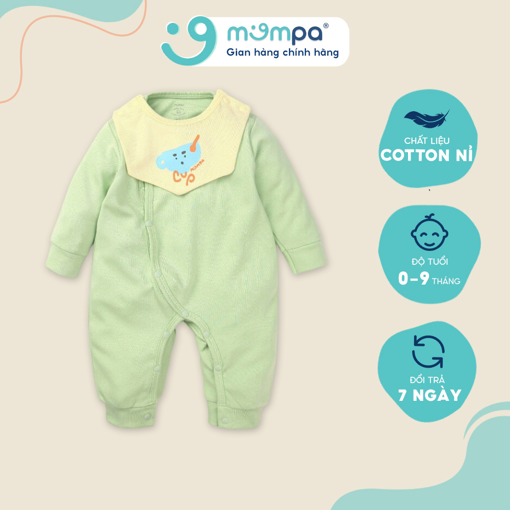 Bodysuit sơ sinh cho bé kèm yếm Mompa 0-9 tháng dài tay vải Cotton nỉ mềm mại co giãn 629
