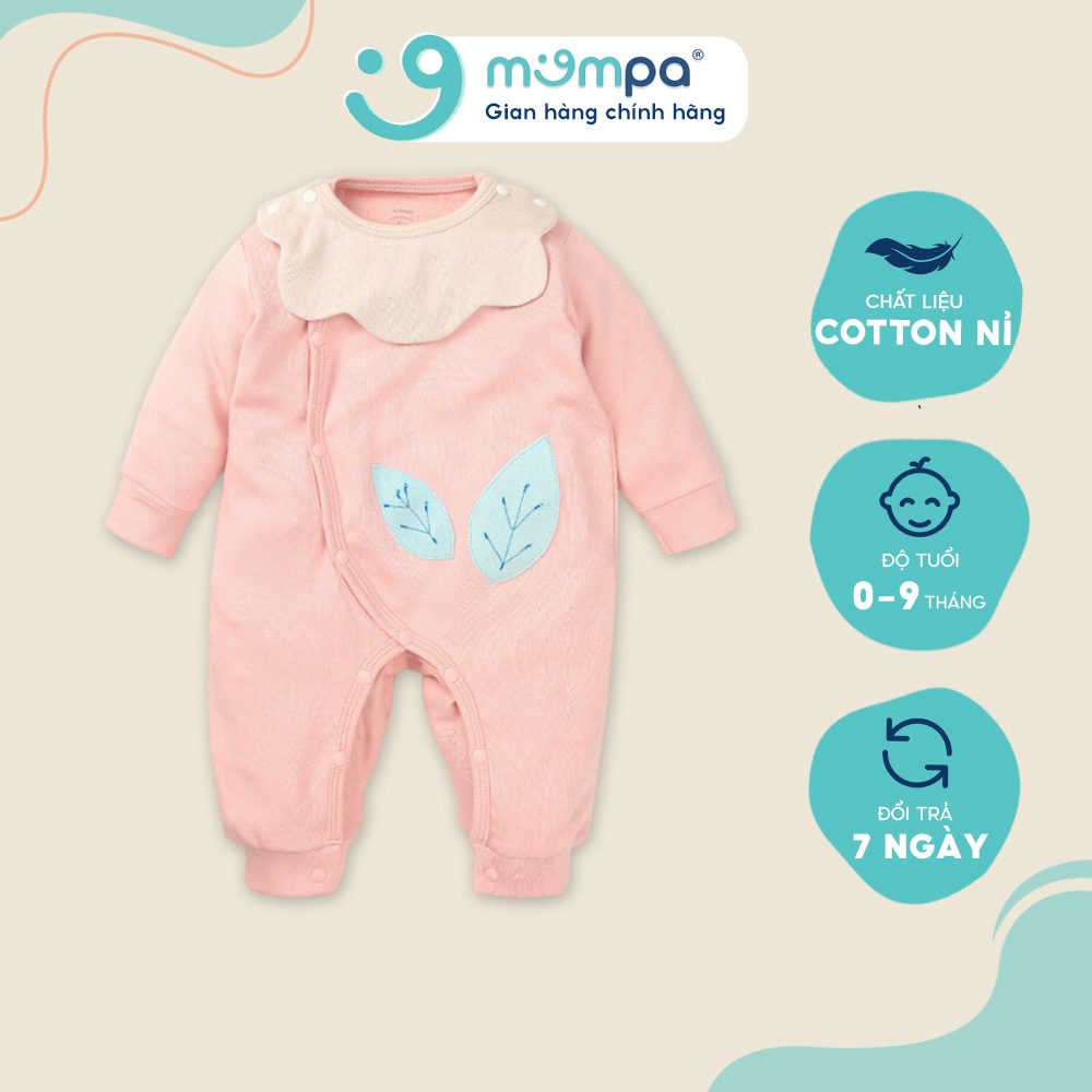 Bodysuit cho bé sơ sinh Mompa kèm yếm từ 0 đến 9 tháng dài tay cài chéo vải Cotton nỉ mềm mại MP 630