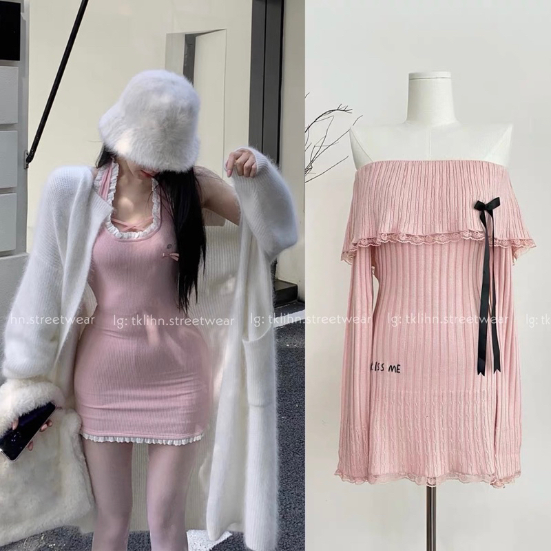 TKLIHN Váy Len trễ vai Ulzzang magu hồng TIỂU THƯ sang chảnh Set áo CARDIGAN dài + váy len ôm body SANG CHẢNH HOT TREND