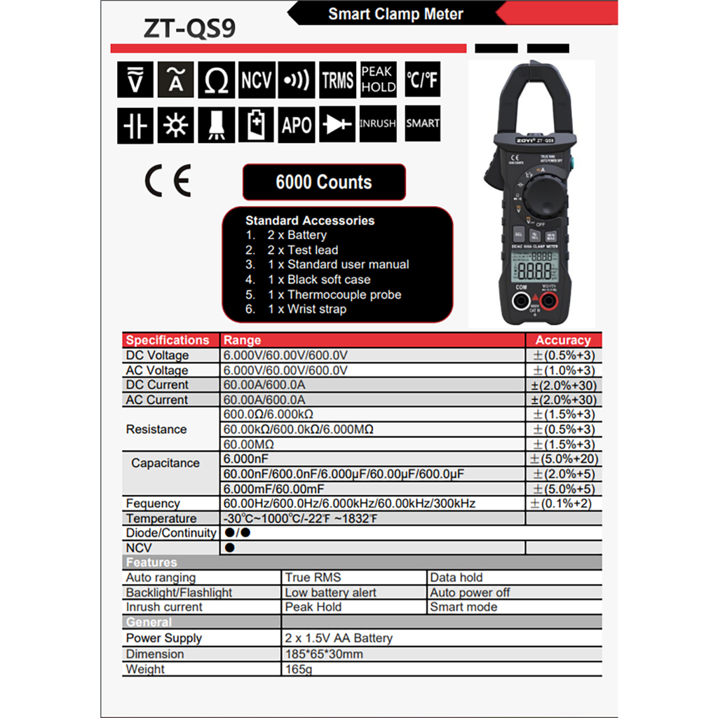Đồng hồ ABG zoyi ZT-QS9 đo điện vạn năng TRMS 6000 số đếm, bộ kẹp khởi động kỹ thuật số, đo dòng điện AC/DC, chống nhiễu