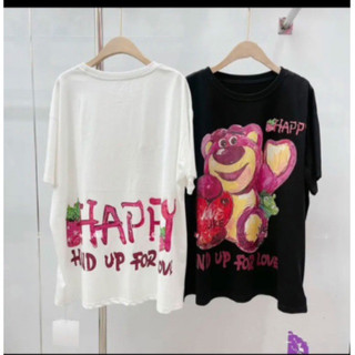 ÁO THUN NỮ TAY LỠ GẤU DÂU HAPPY IN 2 MẶT FORM RỘNG