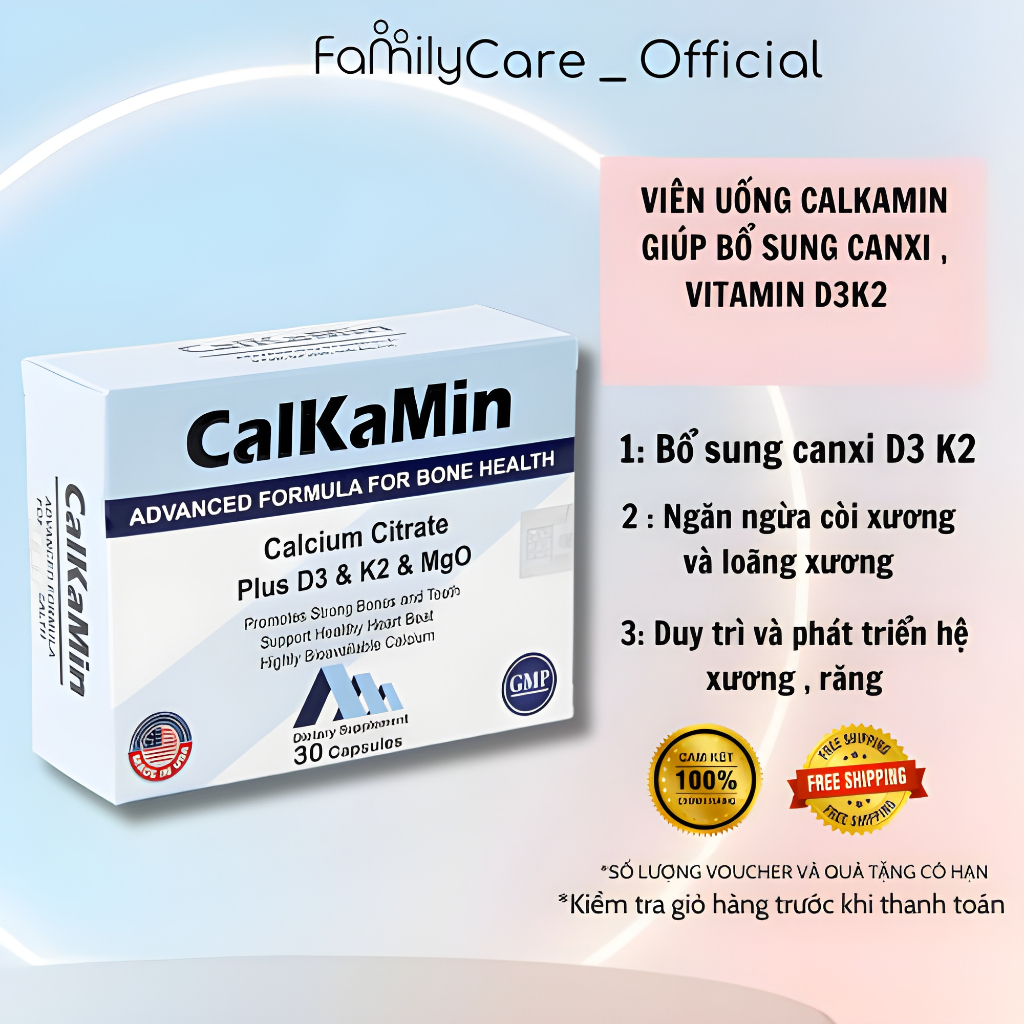 Calkamin - Bổ sung Canxi và Vitamin D3, K2 giúp răng, xương chắc khỏe hộp 30 viên
