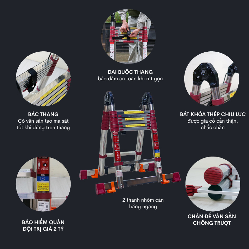 Thang nhôm INOX rút chữ A 4,4m - 5m Nhật Bản gấp gọn Fujihome chống trượt, thang rút đôi đa năng gia đình