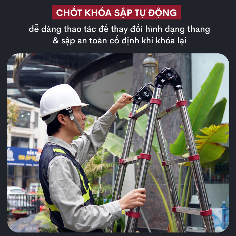 Thang nhôm INOX rút chữ A 4,4m - 5m Nhật Bản gấp gọn Fujihome chống trượt, thang rút đôi đa năng gia đình