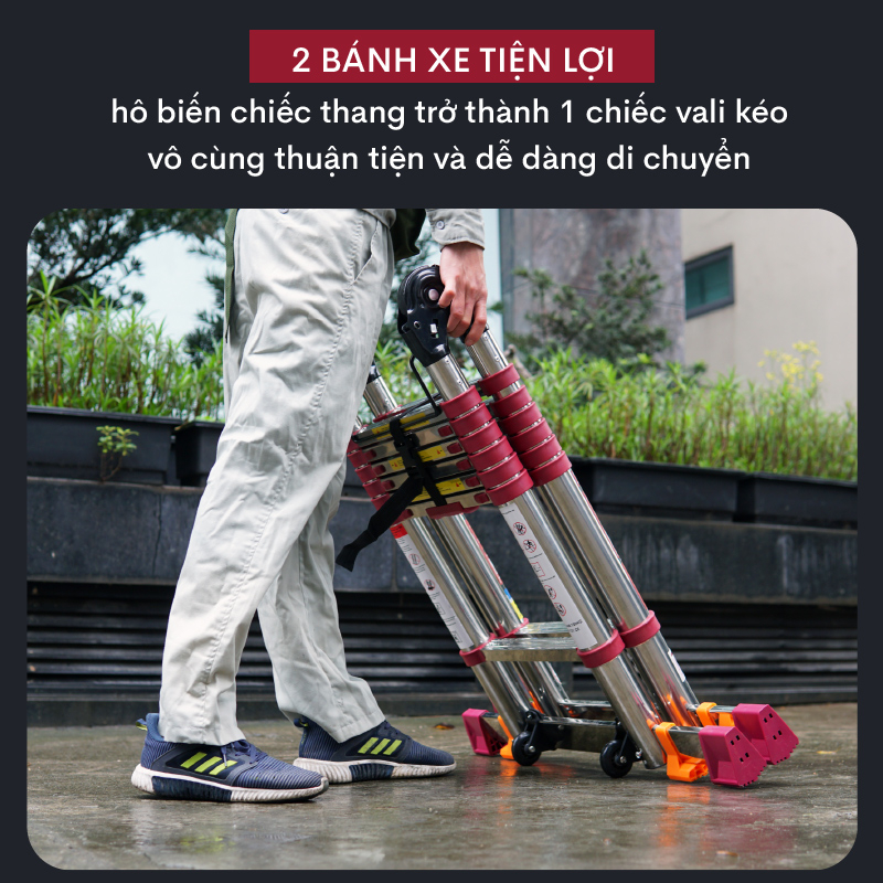 Thang nhôm INOX rút chữ A 4,4m - 5m Nhật Bản gấp gọn Fujihome chống trượt, thang rút đôi đa năng gia đình