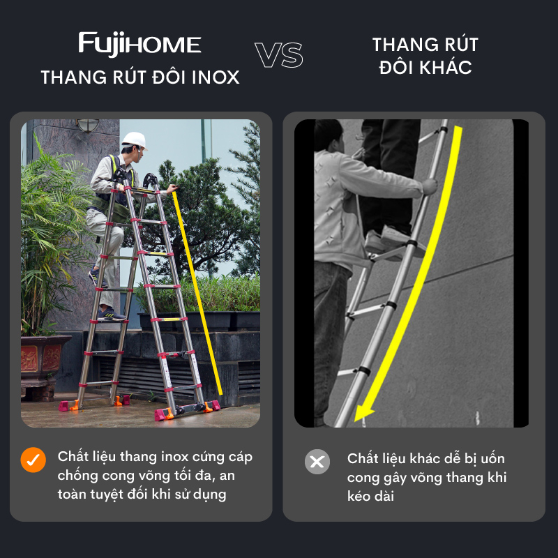 Thang nhôm INOX rút chữ A 4,4m - 5m Nhật Bản gấp gọn Fujihome chống trượt, thang rút đôi đa năng gia đình