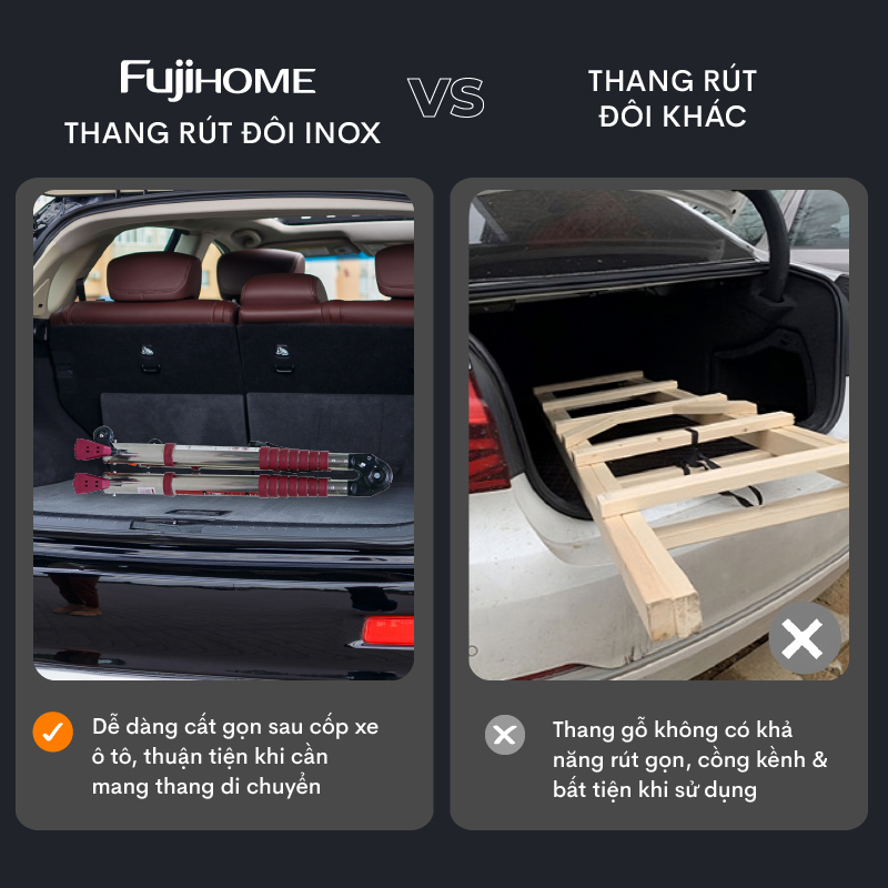 Thang nhôm INOX rút chữ A 4,4m - 5m Nhật Bản gấp gọn Fujihome chống trượt, thang rút đôi đa năng gia đình