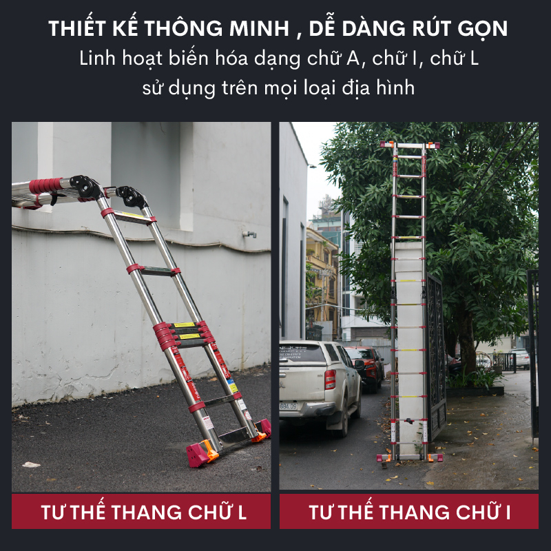 Thang nhôm INOX rút chữ A 4,4m - 5m Nhật Bản gấp gọn Fujihome chống trượt, thang rút đôi đa năng gia đình