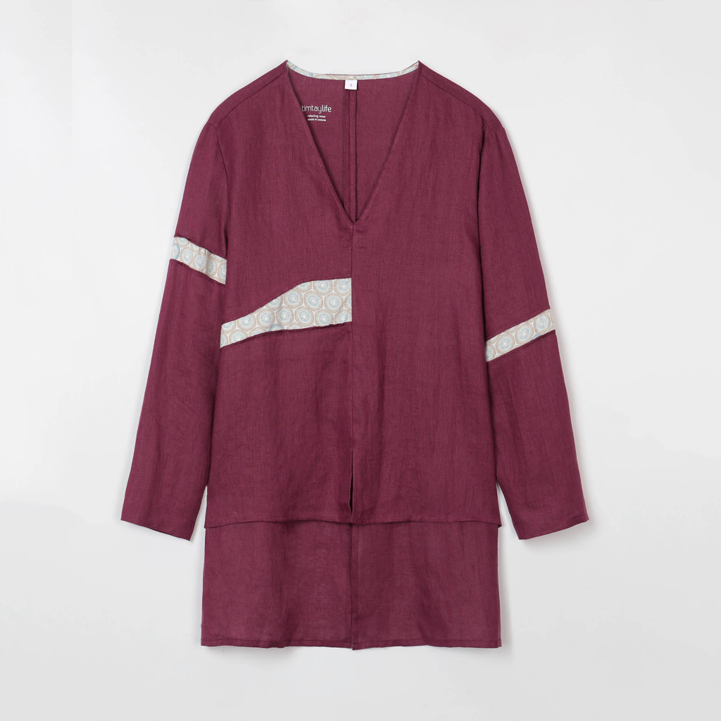 TimTay Áo Kiểu Cổ V Tay Dài Ráp Vải Xẻ Tà 100% Linen - Áo Khoai Tím