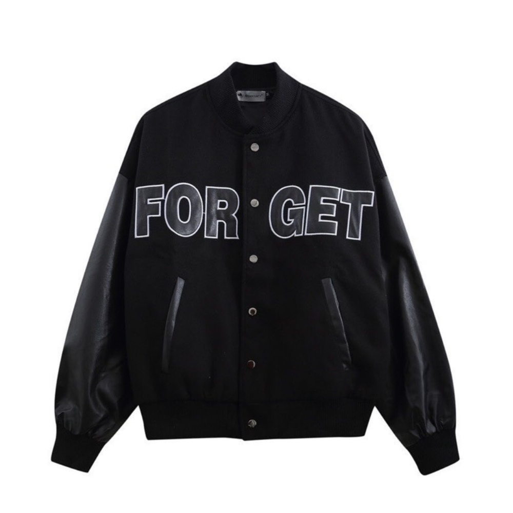 Áo khoác bomber tay da chữ FORGET from rộng unisex cho cả nam và nữ style ulzzang