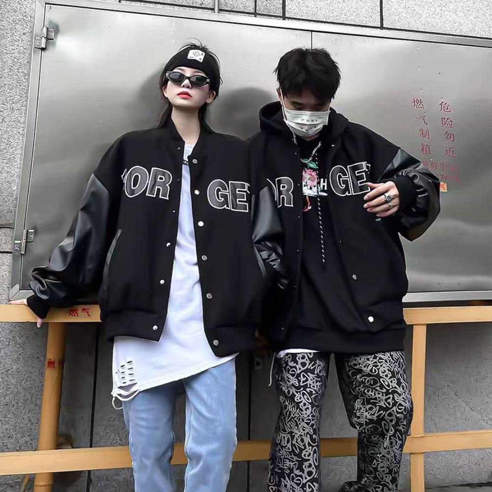 Áo khoác bomber tay da chữ FORGET from rộng unisex cho cả nam và nữ style ulzzang