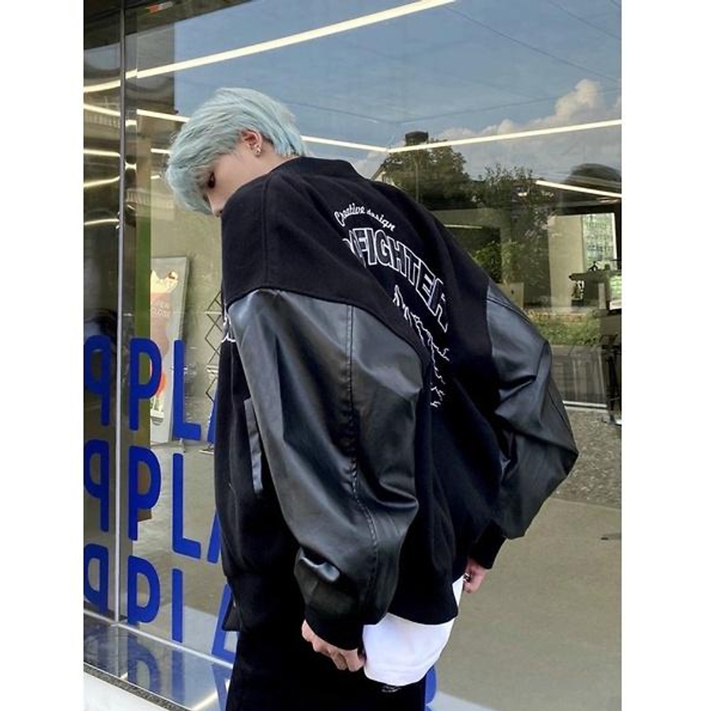 Áo khoác bomber tay da chữ FORGET from rộng unisex cho cả nam và nữ style ulzzang