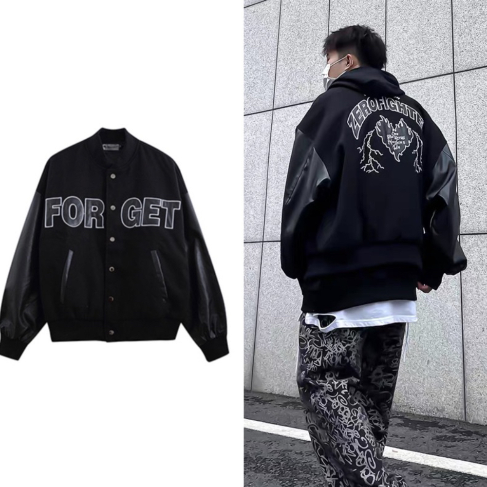 Áo khoác bomber tay da chữ FORGET from rộng unisex cho cả nam và nữ style ulzzang