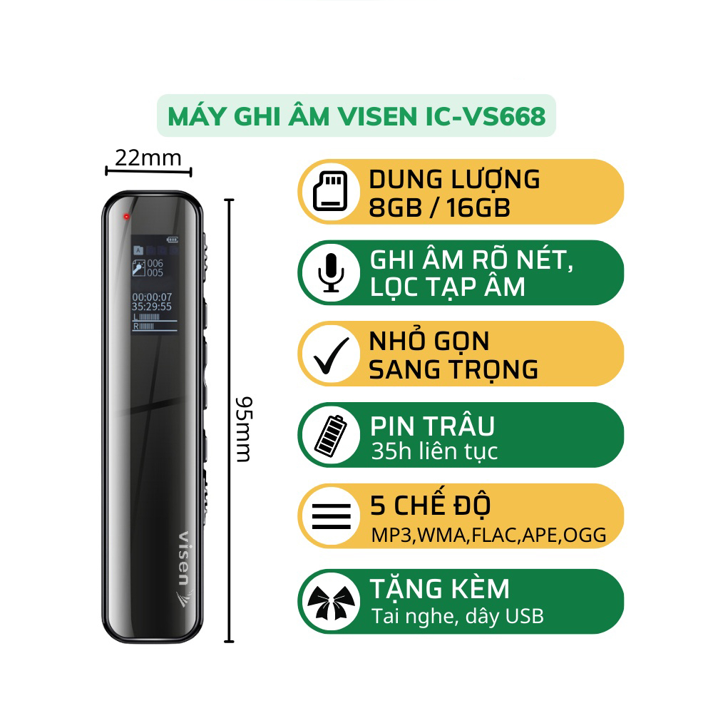 Máy ghi âm mini IC-VISEN 668 16GB Siêu cao cấp, Ghi âm 72h, Thu âm rõ, Lọc âm tốt, Chính hãng bảo hà