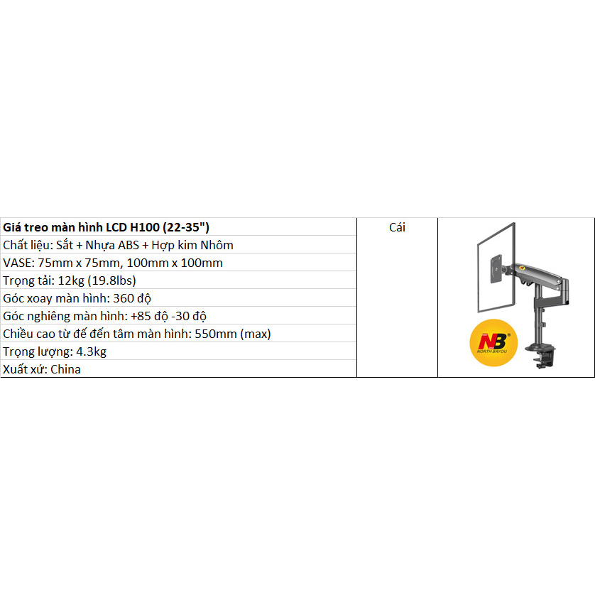 Giá treo màn hình ARM máy tính NB F80, H100, H180 Tải trọng 9Kg Mẫu mới 2021