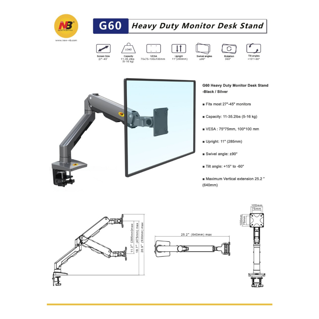 Giá treo màn hình ARM máy tính NB F80, H100, H180 Tải trọng 9Kg Mẫu mới 2021