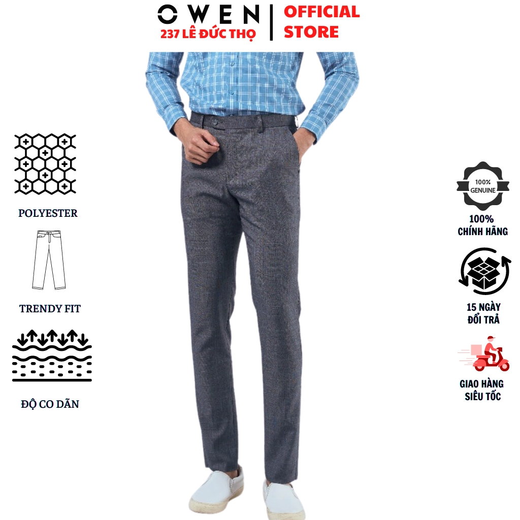 Quần tây nam công sở cao cấp OWEN QD220179 quần âu dáng trendy ống côn kẻ caro ghi đậm vải polyester mềm mại