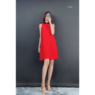 C1624 - 	Đầm voan sát nách cổ bẻ viền hông 2 lớp trơn